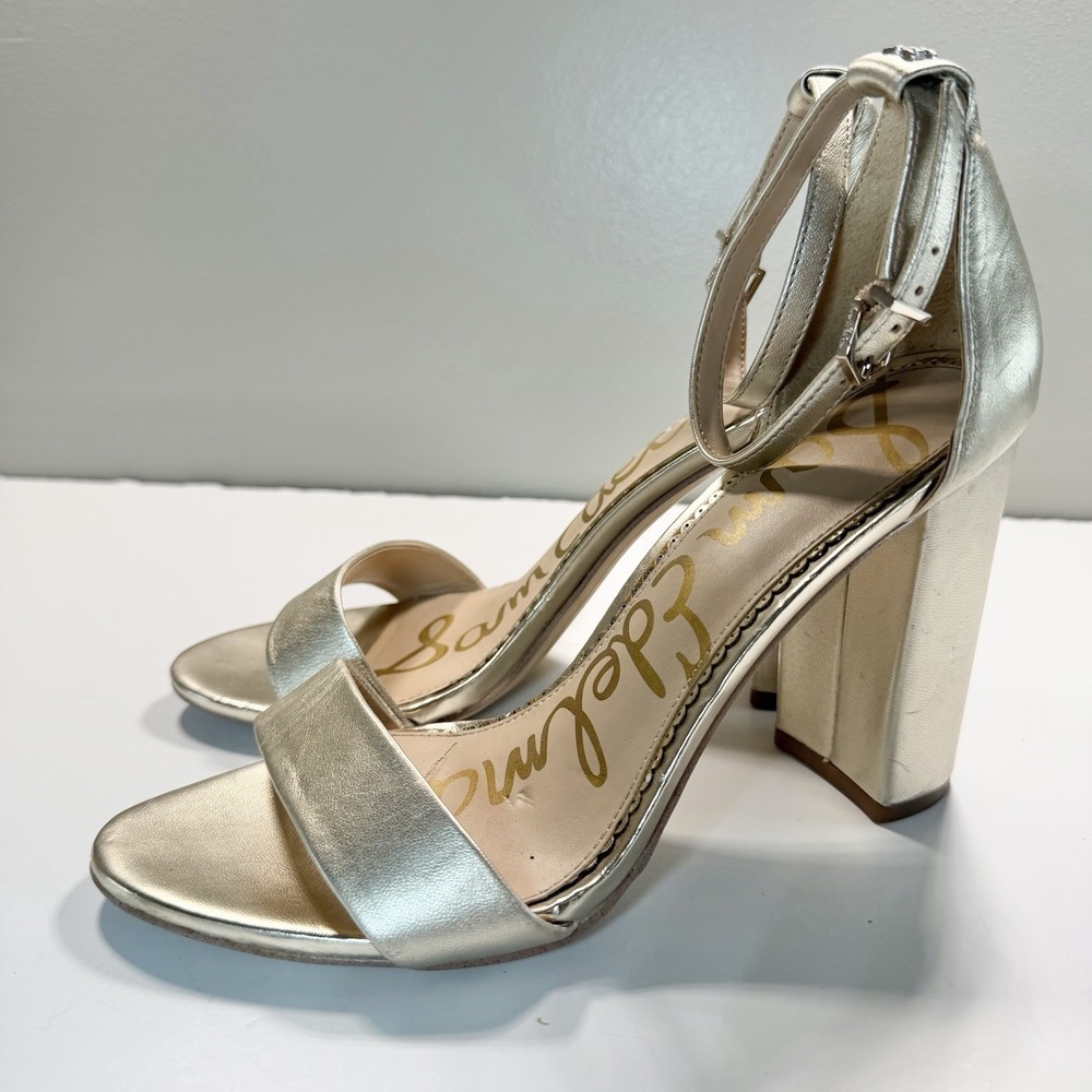 Sam Edelman Gold Heels 7.5‎ Ankle Strap Block Heel Prom Formal Dance